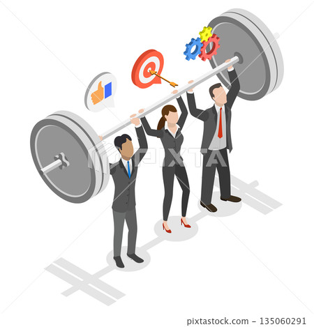 3D Isometric Flat  Illustration of Employees Teamwork, Collaborative Business Team Lifting Barbell Demonstrates Unity And Synergy In Goal Achievement. 135060291