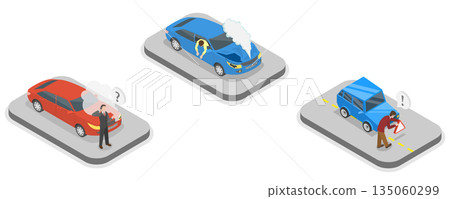 3D Isometric Flat Illustration of Car Crash, Depicting Concept Of Road Accident 3D Isometric Flat Illustration of Car Crash, Depicting Concept Of Road Accident 135060299