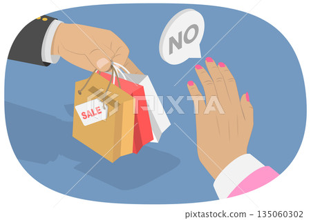 3D Isometric Flat  Illustration of Stop Shopping Banner, Hand Rejecting Shopping Bags With Sale Products 135060302