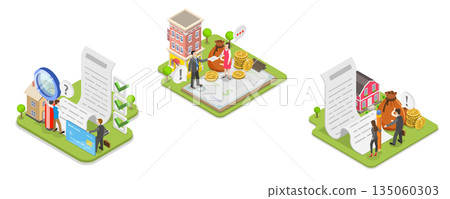 3D Isometric Flat  Illustration of Home Loan Agent Checking Credit History, Mortgage Broker Services 135060303