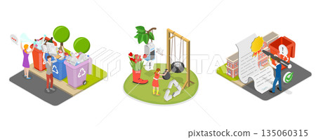 3D Isometric Flat  Illustration of Garbage Collection and Sorting, Waste Collection And Recycling Issues 135060315