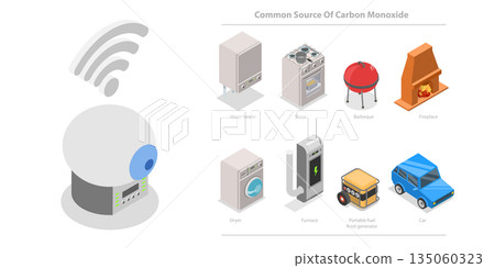 3D Isometric Flat  Illustration of Smoke Detector, Silent Leak Detection Device For Preventing Harm From Toxic Gas 135060323