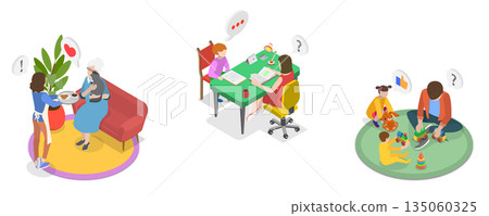 3D Isometric Flat Illustration of Taking Care of Eldery and Kids, Scenes of Caregiver Services 3D Isometric Flat Illustration of Taking Care of Eldery and Kids, Scenes of Caregiver Services 135060325