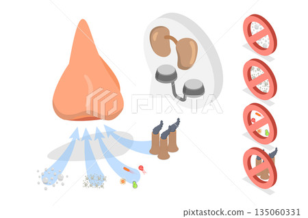 3D Isometric Flat Illustration of Nasal Filters, Protection Against Airborne Pollutants, Dust, Allergens, Smoke, Bacteria, And Viruses 3D Isometric Flat Illustration of Nasal Filters, Protection Against Airborne Pollutants, Dust, Allergens, Smoke, Bacteria, And Viruses 135060331