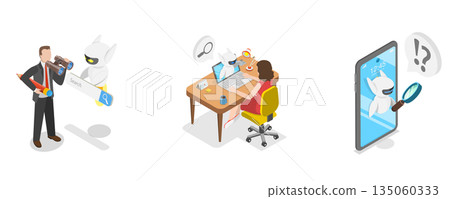 3D Isometric Flat  Illustration of AI Search, Artificial Intelligence Robot Answer Questions 135060333