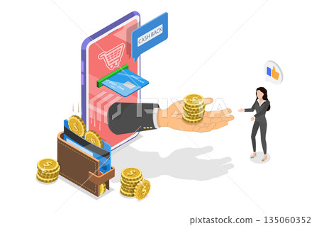 3D Isometric Flat Illustration of Shopping Discounts and Promotion, Customer Receiving Cash Back While Making Credit Card Payments. 3D Isometric Flat Illustration of Shopping Discounts and Promotion, Customer Receiving Cash Back While Making Credit Card Payments. 135060352