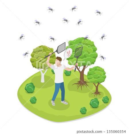 3D Isometric Flat  Illustration of Fight Against Insects, Using Fly Swatters To Eliminate Mosquitos And Flies 135060354