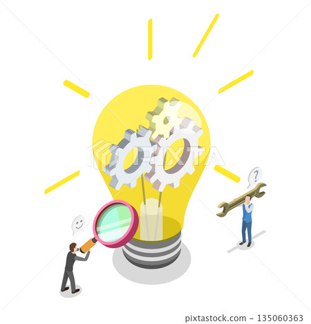 3D Isometric Flat  Illustration of Creativity and Creation Process, Seeking Creative Inspiration While Repairing Lightbulb 135060363