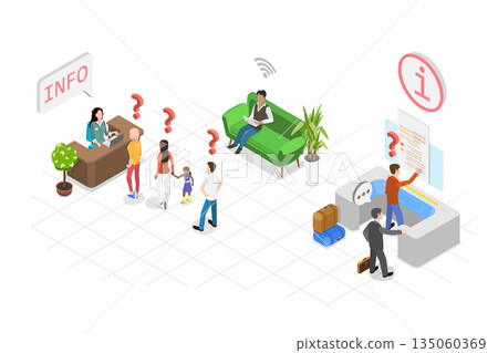 3D Isometric Flat Illustration of Customer Support Desk, Characters Seek Assistance From Information Desk Staff 3D Isometric Flat Illustration of Customer Support Desk, Characters Seek Assistance From Information Desk Staff 135060369
