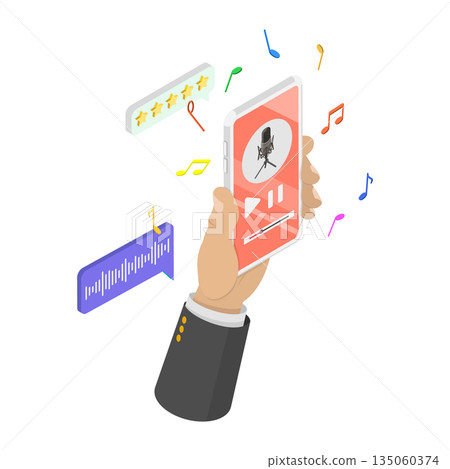 3D Isometric Flat  Illustration of Smartphone for Entertainment, Recording And Listening To Audio Content For Enjoyment Or Information 135060374