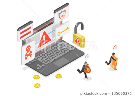 3D Isometric Flat  Illustration of Cyber Crime, Hacker Attack, Online Criminals Stealing Computer Banking Information. 135060375