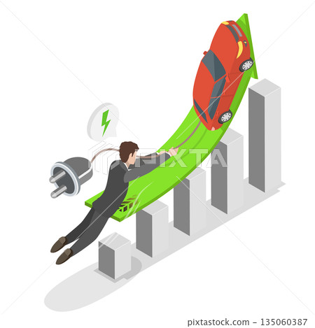 3D Isometric Flat Illustration of EV Stock Pice Soaring, Electric Vehicle Charging As Green Stock Market Soars 3D Isometric Flat Illustration of EV Stock Pice Soaring, Electric Vehicle Charging As Green Stock Market Soars 135060387