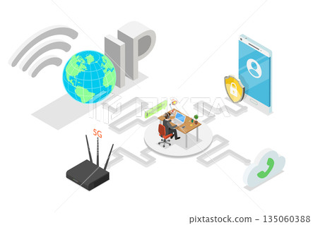 3D Isometric Flat Illustration of IP Telephony, Concept For Communication Technology Design 3D Isometric Flat Illustration of IP Telephony, Concept For Communication Technology Design 135060388