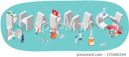 3D Isometric Flat  Illustration of Pharmaceutical Business, Characters In Pharmacy Banner For Drug Store Industry. 135060394