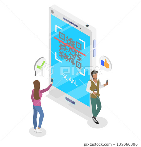 3D Isometric Flat Illustration of Demonstrating QR Code For Sharing Contacts, Confirming Online Transactions 3D Isometric Flat Illustration of Demonstrating QR Code For Sharing Contacts, Confirming Online Transactions 135060396