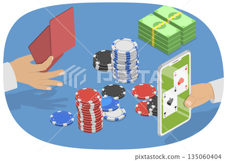 3D Isometric Flat  Illustration of Gambling, Online Poker, Featuring Hand Holding Two Aces Surrounded By Chips 135060404