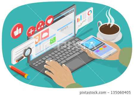 3D Isometric Flat Illustration of Technology And Communication, Man Engaging With Augmented Reality Content And News On Smartphone While Reading Magazine. 3D Isometric Flat Illustration of Technology And Communication, Man Engaging With Augmented Reality Content And News On Smartphone While Reading Magazine. 135060405