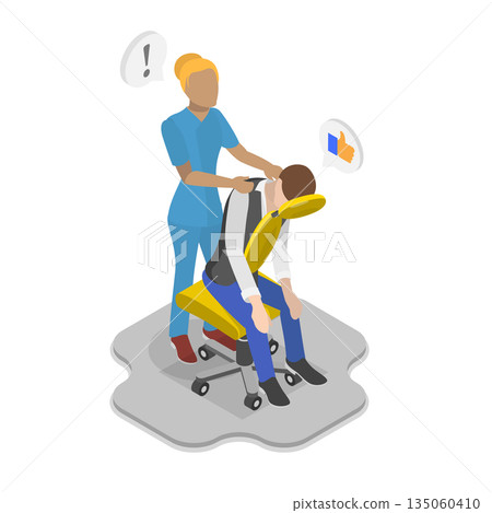 3D Isometric Flat  Illustration of Physiotherapy, Female Massage Therapist Assists Patient With Back Pain At Clinic 135060410