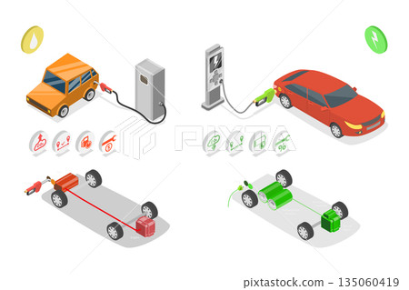 3D Isometric Flat  Illustration of Gasoline Vs Electric Cars, Comparison With Refueling And Charging Stations 135060419