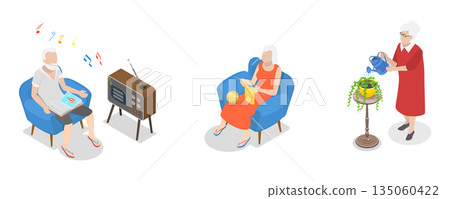 3D Isometric Flat Illustration of Leisure Fun, Elderly Men And Women Enjoying Hobbies At Nursing Home 3D Isometric Flat Illustration of Leisure Fun, Elderly Men And Women Enjoying Hobbies At Nursing Home 135060422