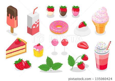 3D Isometric Flat Illustration of Strawberry Dessert Set, Delicious Sweets 3D Isometric Flat Illustration of Strawberry Dessert Set, Delicious Sweets 135060424
