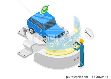 3D Isometric Flat Illustration of Innovative Car Repair, Interacting With Virtual User Interface 3D Isometric Flat Illustration of Innovative Car Repair, Interacting With Virtual User Interface 135060431