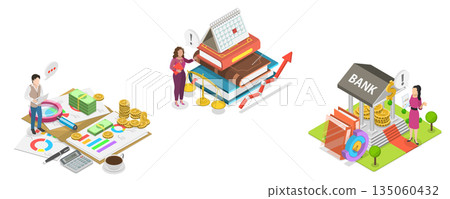 3D Isometric Flat Illustration of Online Banking, Set Of Financial Scenes 3D Isometric Flat Illustration of Online Banking, Set Of Financial Scenes 135060432