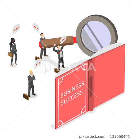3D Isometric Flat Illustration of Teamwork and Guidance, Joyful Professionals Reading Large Book On Achieving Success In Business As A Team. 3D Isometric Flat Illustration of Teamwork and Guidance, Joyful Professionals Reading Large Book On Achieving Success In Business As A Team. 135060445