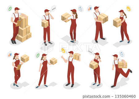 3D Isometric Flat  Illustration of Delivery Service, Collection Of Mail Carriers 135060460