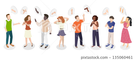 3D Isometric Flat  Illustration of Hand Gestures Set, Diverse Group Displaying Some Hand Gestures 135060461