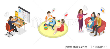 3D Isometric Flat  Illustration of Secure Environment for Children, Happy Adoptive Family With Child 135060468