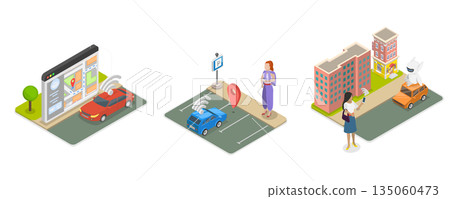 3D Isometric Flat  Illustration of Autonomous Vehicle, Set Of Abstract Concept Vector Illustrations Of Autonomous Vehicles. 135060473
