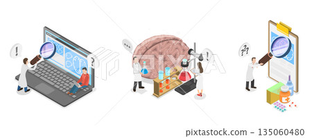3D Isometric Flat  Illustration of Brain Neurological Health, Concept Of Research In Neurology Science 135060480