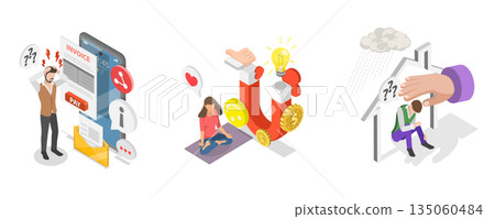 3D Isometric Flat  Illustration of FOMO stands for Fear of Missing Out, Depicting Positive And Negative Emotions 135060484