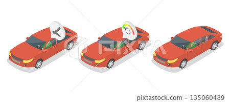 3D Isometric Flat Illustration of Road Safety, Depicting Abstract Concepts Related To Safe Car Driving 3D Isometric Flat Illustration of Road Safety, Depicting Abstract Concepts Related To Safe Car Driving 135060489
