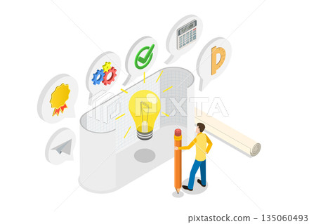 3D Isometric Flat  Illustration of Intellectual Property, Author Copyright Patent Protects Creative Works From Plagiarism 135060493