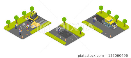 3D Isometric Flat  Illustration of Rout Under Construction, Set For Road Maintenance And Repair Concept 135060496