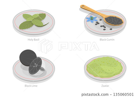 3D Isometric Flat  Illustration of Spice Herbs Seasoning Traditional Culinary Cooking Ingredients, Exotic Spices Set 135060501