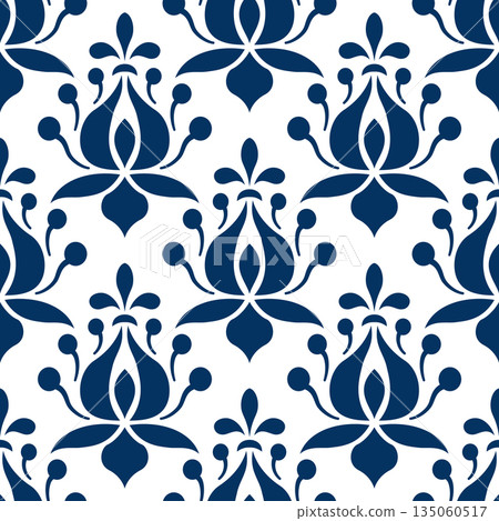 Vintage damask floral ornamental seamless pattern. Dark royal blue plant element on white background. Ethnic floral ornament Vintage damask floral ornamental seamless pattern. Dark royal blue plant element on white background. Ethnic floral ornament 135060517