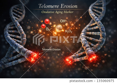 Telomere erosion molecular graphic showing DNA shortening from oxidative stress. scientific concept of key aging marker and cellular damage from free radical 135060975