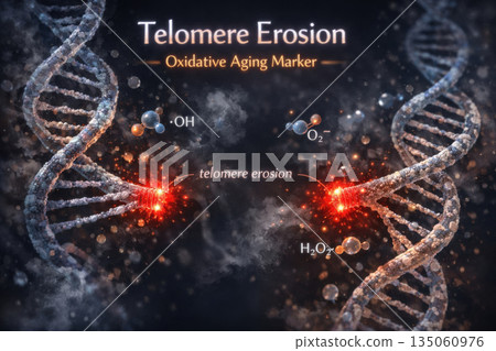 Telomere erosion molecular graphic showing dramatic effect of oxidative stress. scientific biology concept, DNA strand as an aging marker for cellular research 135060976