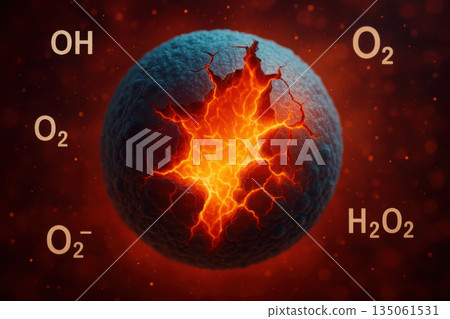Intense macro view of cellular oxidative stress, showing cracked cell membrane and damage. This futuristic science and biology concept illustrates blazing molecular icons 135061531