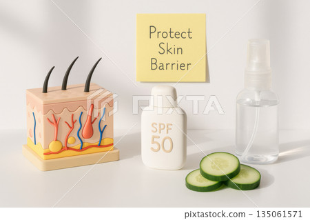 Minimal medical scene with skin layers model, sunscreen, cucumber, and water spray. caring note reads Protect Skin Barrier, symbolizing skincare, health, and dermatology 135061571