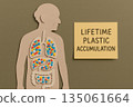 Concerning paper cut of an elderly human figure showing lifetime plastic accumulation. Particles fill internal organs, illustrating pollution concept and health risks of aging 135061664