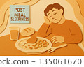 Paper cut illustration of sleepy man resting after warm meal. cozy human figure feeling tired from post meal sleepiness or food coma, showing an exhausted mood 135061670
