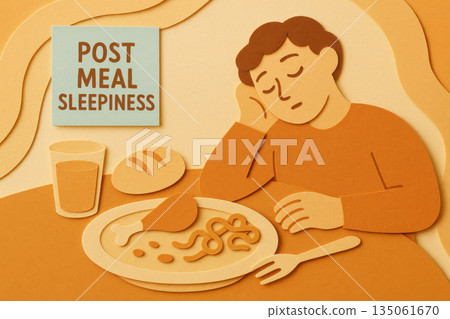 Paper cut illustration of sleepy man resting after warm meal. cozy human figure feeling tired from post meal sleepiness or food coma, showing an exhausted mood 135061670