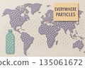 Concerning paper cut illustration showing global pollution. Spreading particles from plastic cover world map. soft purple and teal palette with sticky note about problem 135061672