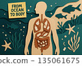 Conceptual paper cutout of human body shows internal organs filled with plastic pollution from ocean. concerning visual metaphor about environmental contamination 135061675