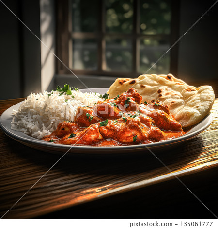 Plate of food with rice, chicken, and bread 135061777