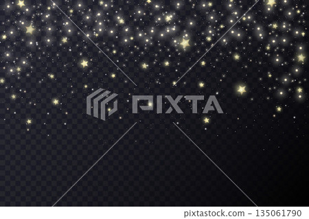 Starry night vector background. Light transparent backdrop with cosmic shiny sparkles. Abstract galaxy space with glitter of golden twinkles. Deep outer space celestial bg Starry night vector background. Light transparent backdrop with cosmic shiny sparkles. Abstract galaxy space with glitter of golden twinkles. Deep outer space celestial bg 135061790
